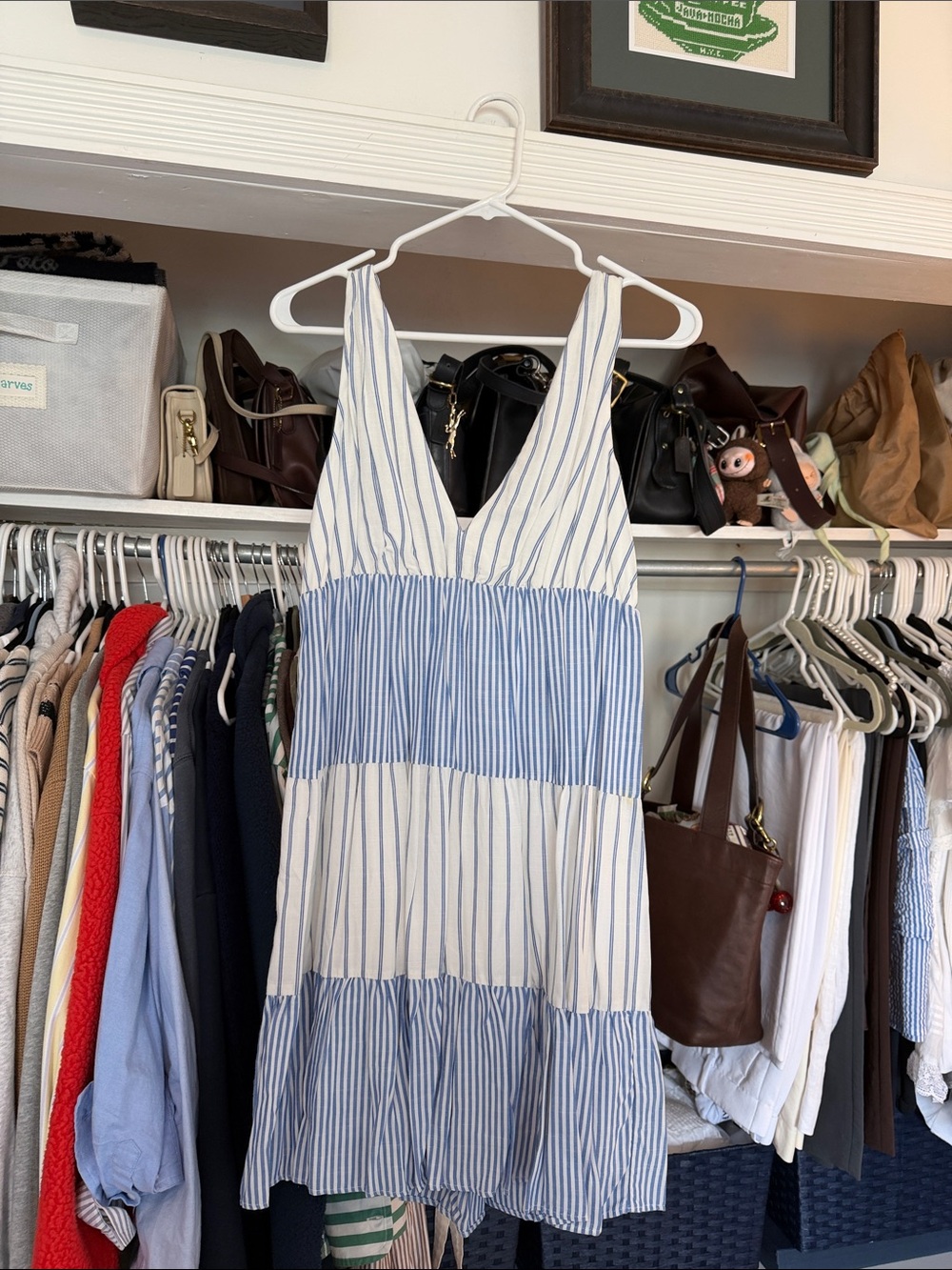 LOFT Blue and White Striped V-Neck Tiered Mini Dress